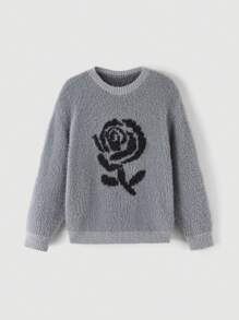 SHEIN MOD 女士灰色玫瑰图案毛衣，返校风格，秋季上衣，女士毛衣 - 灰色 - 查看 1