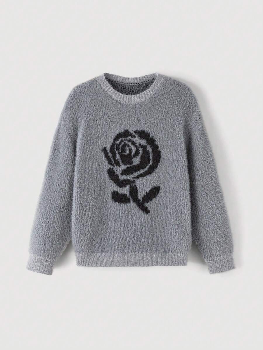SHEIN MOD 女士灰色玫瑰图案毛衣,返校风格,秋季上衣,女士毛衣 - 灰色 - 查看 1