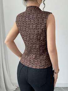 Chiquease Textured Jacquard V-Neck Vest Suit Jacket - Brown - View 2