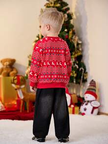 2pcs Set Boys Christmas Holiday Graphic Print Sweatshirt And Washed Vintage Denim Pants,Fashion Autumn Outfit,Family Matching Stylish Clothes Set - Red - View 2