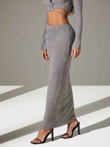 Hauture 女士纯色弹性腰围直筒休闲长裙 - 灰色 - 查看 6