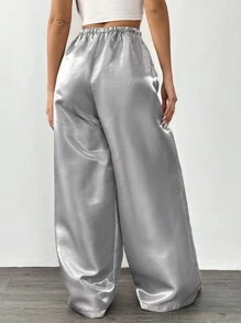 SHEIN EZwear 女士时尚闪亮垂坠宽松休闲阔腿银色裤子 - 銀色 - 查看 2