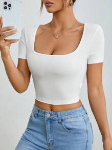 SHEIN PETITE 3pcs/Set Women Summer Casual Square Neck Short Sleeve Slim Fit T-Shirts, Simple Black White Grey Design