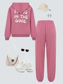 2pcs/Set Teen Girls' Casual Stylish Hooded Sweatshirt And Pants Set, Pink, Autumn