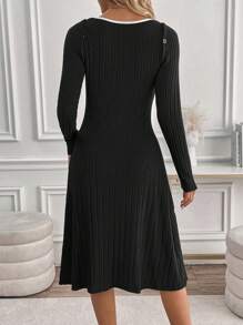 SHEIN LUNE Farbblock Kleid mit Patchwork, Langarm, V-Ausschnitt, Schlitz, minimalistisch