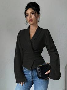 Selianne 女式优雅纯色翻领长袖修身衬衫，春季和秋季