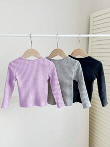 SHEIN 3pcs Baby Girl Casual Cute Versatile Knitted Elastic Solid Color Long Sleeve Tops Set - Multicolor - View 14