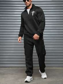 Manfinity Homme Men's Stand Collar Zipper Front Print Casual Pullover Sweatshirt - Black - View 3