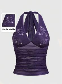 ROMWE Goth Của phụ nữ Lưới Dây Hoa Pha lê Nghệ Embellished Eo Xếp li Áo - Màu tím - Xem 1