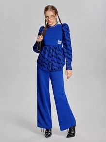 SHEIN 2 件套青少年女孩字母和几何印花长袖上衣和裤子休闲装，春/秋 - 藍色 - 查看 2