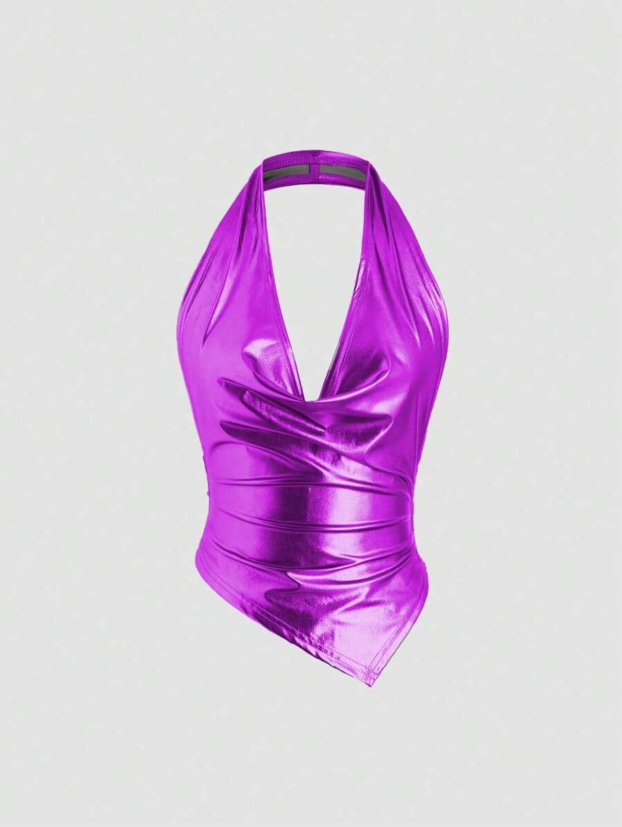 EgrlEra Áo tank top cổ chữ V, màu trơn, dáng suông, hở lưng, vạt áo bất đối xứng, phong cách Y2K - Màu tím - Xem 1