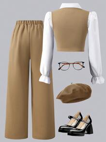 Conjunto Elegante para Meninas Pré-Adolescentes: Colete Branca de Manga Longa com Gola + Colete de Abotoamento Duplo + Calça