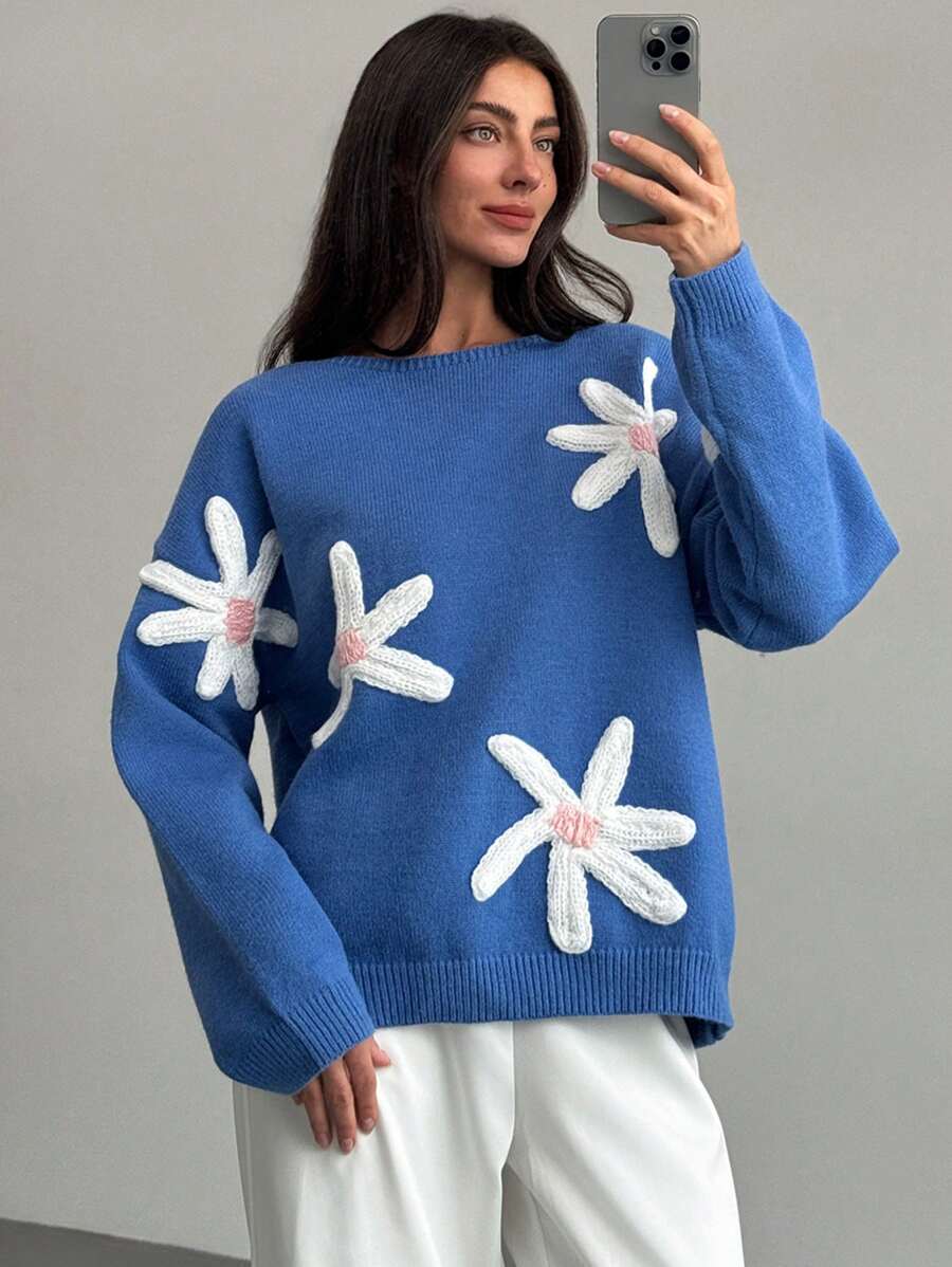 Aloruh 女士浪漫花朵装饰宽松保暖套头衫 - 藍色 - 查看 1