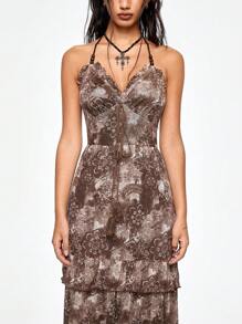 ROMWE Hippie Women's Bohemian Style Maxi Length Halter Neck Dress, Vacation