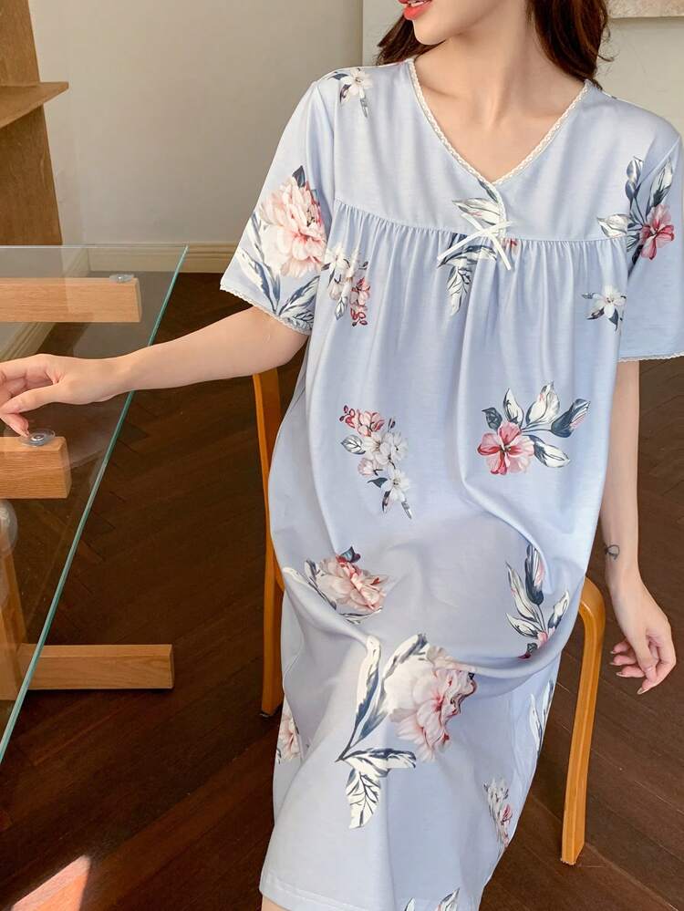 Floral Print Lace Trim V-Neck Nightgown Pajama