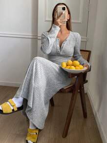 DAZY Knit Ribbed Fabric Fitted Casual Dress, Fall Pajama, Winter - Grey - View 1