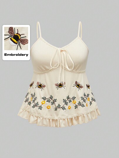 Fairycore Women's Summer Casual Bee & Vine Embroidery Cottagecore Camisole