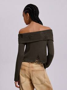 SHEIN EZwear Women's Fall/Winter Y2K Western Flannelette Cut Out Off Shoulder Sweater,Music Festival - Army Green - View 3