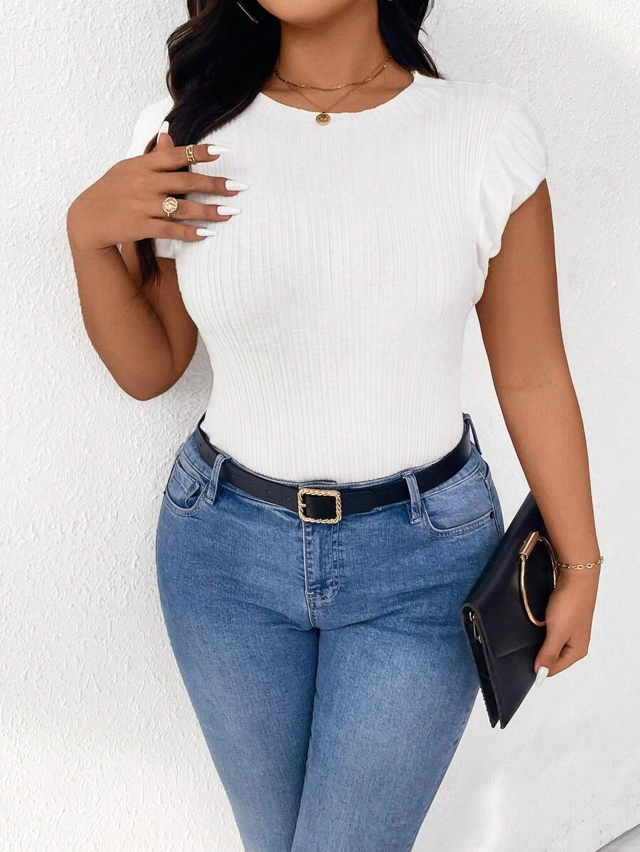 SHEIN LUNE Plus Size Summer Casual Solid Color Short Sleeve Knitted Top - White - View 1