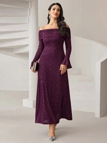 Modelyn Women's Solid Color Off Shoulder Ruffle Elegant Long Sleeve Dress Long Evening Dresses