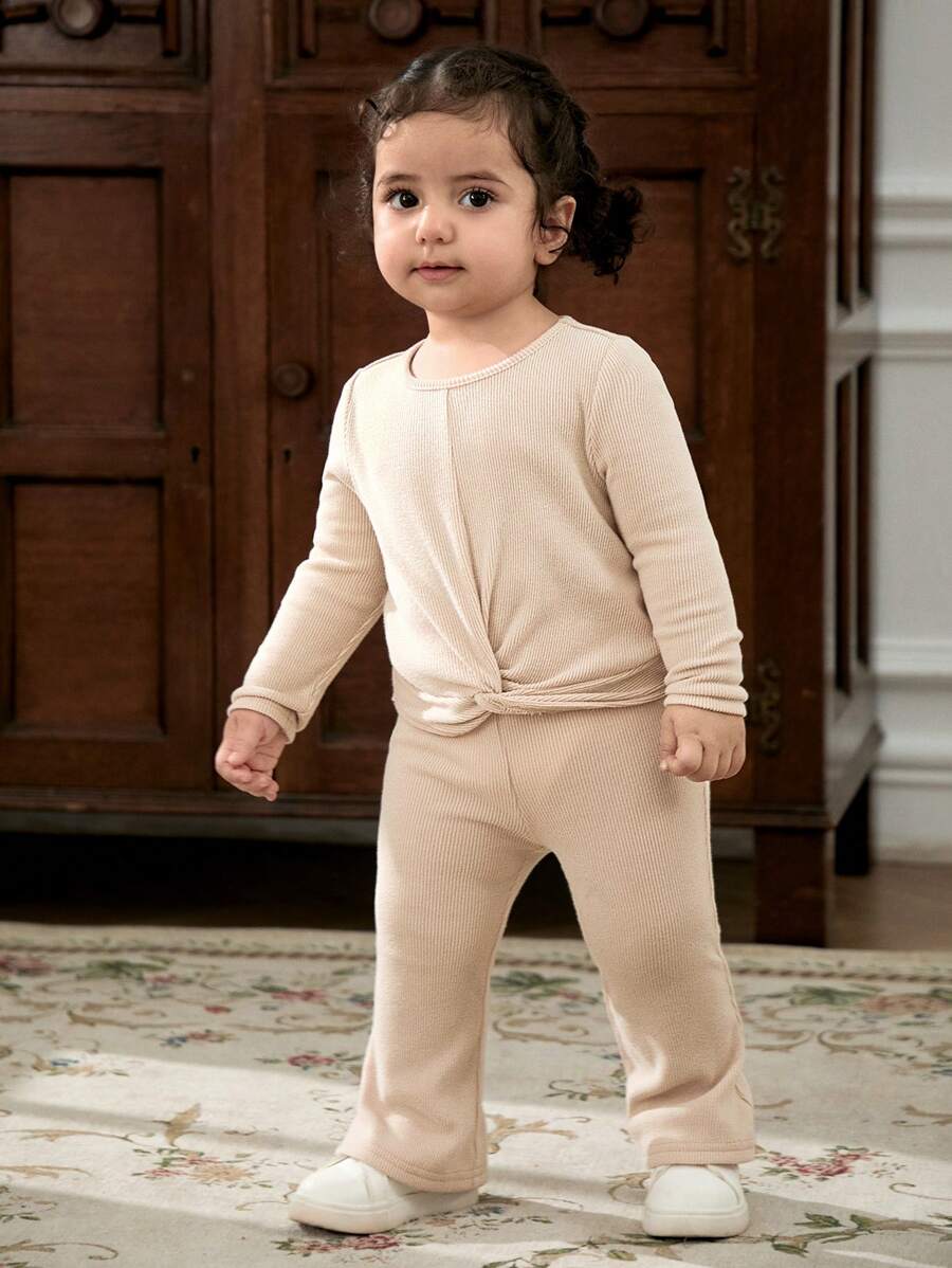 Cozy Pixies 2pcs Baby Girl Solid Color Knitted Soft Round Neck Long Sleeve Pullover Top And Wide Leg Pants Set - Khaki - View 1