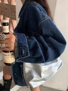 DAZY Women's Drop Shoulder Long Sleeve Pocket Loose Casual Denim Jacket, Spring Autumn,Fall Women Clothes - Dark Wash - View 2