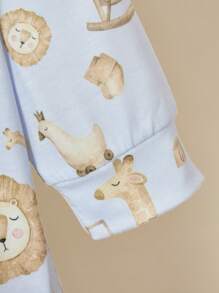 SHEIN 3 件套男婴休闲可爱卡通动物狮子和长颈鹿印花长袖连体裤，秋季