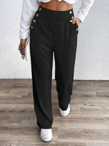 Chiquease Women's Button Decor Patch Pocket Loose Straight Casual Pants Fall Cloth For Women - Black - View 7