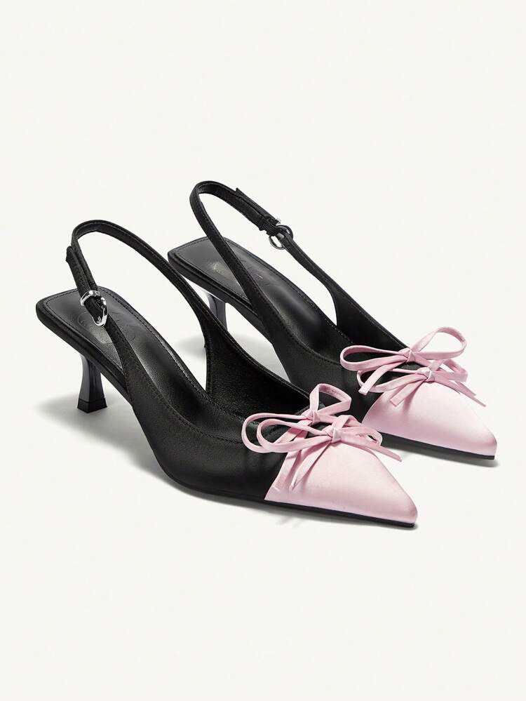 CUCCOO CHICEST Women's Pointed Toe High Heel Shoes, Pink With Black Bow Accent, Slingback Design, Minimalist Fashion Spring Shoes Spring Break Easter Prom Heels