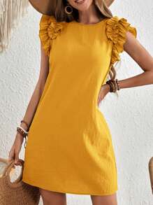 EMERY ROSE Vacation Woven Solid Ruffle Trim Fitted Mini Dress For Women - Yellow - View 6