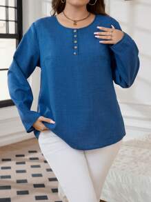 SHEIN LUNE Camisa Plus Size Casual Gola Redonda Botão Decorada, Primavera Outono - Azul - Ver 5