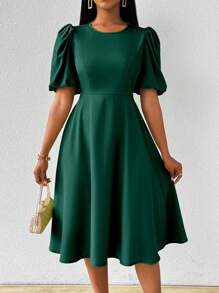 Lunelith SHEIN Lunessa 女士长款泡泡袖收腰绿色连衣裙春夏长款女装 - 墨綠色 - 查看 7