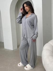 Damska Wiosna Lato Jednorzędowa Bluzka Z Długim Rękawem I Spodnie Zestaw Casual Homewear - Jasnoszary - Zobacz 4