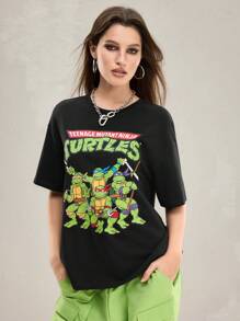 TEENAGE MUTANT NINJA TURTLES | SHEIN Áo phông đen in khẩu hiệu và hoạt hình thường ngày cỡ lớn cho nữ, Áo phông nữ mùa hè mặc dạo phố cho nữ - màu đen - Xem 4
