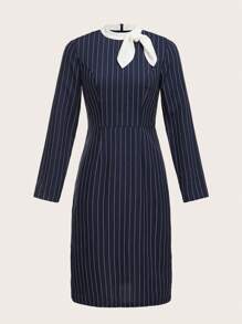 TaskEZ 女士条纹印花拼色长袖优雅工作连衣裙
