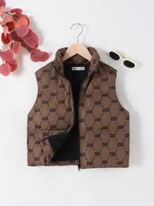 Tween Girl Relaxed Sleeveless High Neck Printed Padded Coat In Khaki - Khaki - View 3