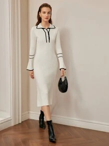 MOTF PREMIUM CONTRAST PIPING BELL SLEEVE HALF BUTTON PLACKET SWEATER DRESS WITHOUT BELT - Beige - View 8