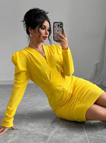 Elenzga Vestido elegante de manga larga con cuello en V fruncido de unicolor