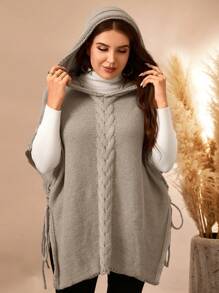 Plus Size Hooded Collar Cable Cable Solid Color Batwing Sleeve Pullover Sweater Knit Pullover Fall Winter - Khaki - View 4