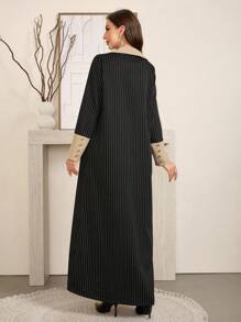 Al Najma Women's Elegant Conservative Collared Color Block Striped Patchwork Abaya, Elegant Maxi Full Length Blazer Jacket Outerwear Modest Long Sleeve Arabian Abayas, For Casual Daily/Travel/Holiday/Work/Evening Events - Black - View 6