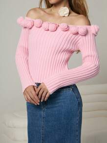 Chiquease 女士露肩印花针织套头毛衣，秋冬款 - 粉色 - 查看 1