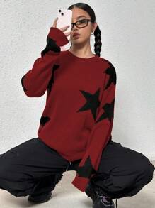 Flirla 女士休闲宽松星形图案撞色针织毛衣，秋冬季新年秋季款 - 紅色 - 查看 4