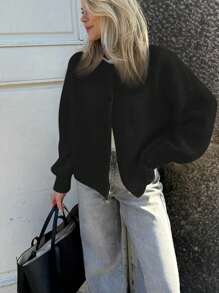 Siren Gaze 女士休闲纯色蓬松针织开衫，秋冬 - 黑色 - 查看 3