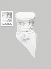 ROMWE Grunge Punk 金属朋克风格音乐节明星水钻褶皱不对称下摆女式露肩上衣，学校 - 白色 - 查看 1