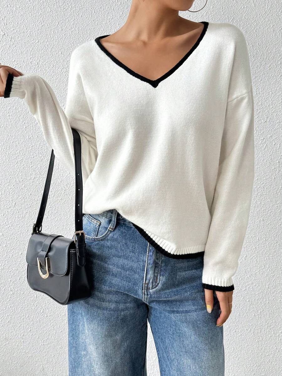 Chiquease 女士休闲V领撞色滚边宽松毛衣（不含衬衫）针织套头衫 秋冬 - 白色 - 查看 1