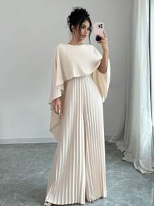 Lyxana Bộ đồ liền thân xếp ly màu trơn tối giản thanh lịch dành cho nữ, mùa thu - Màu be - Xem 5
