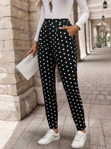 EMERY ROSE 波点印花口袋装饰休闲直筒裤 - 黑色 - 查看 4