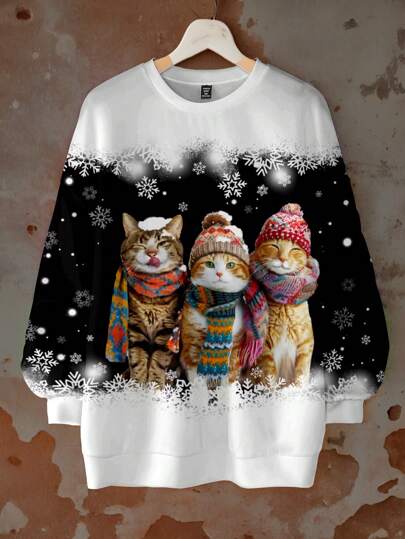 SHEIN LUNE Christmas Leisure Snow Happy Cat Family Pattern Print Plus Size Women's Sweater Pullover Suitable For Autumn And Winter