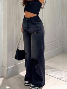 Women Distressed Skinny Tapered High Waist Mom Jeans - Black - View 3