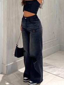 Jeans taille haute déchirés et fuselés de type mom pour femmes